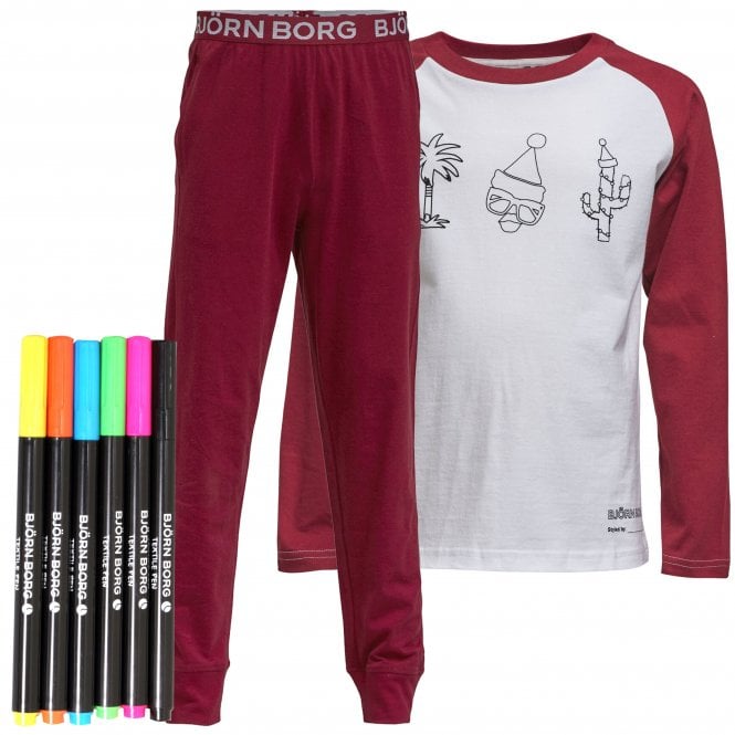 Boys Xmas Print Boys Colouring-in Pyjama Set with Pens, White/Burgundy-Bjorn Borg-UNDERU