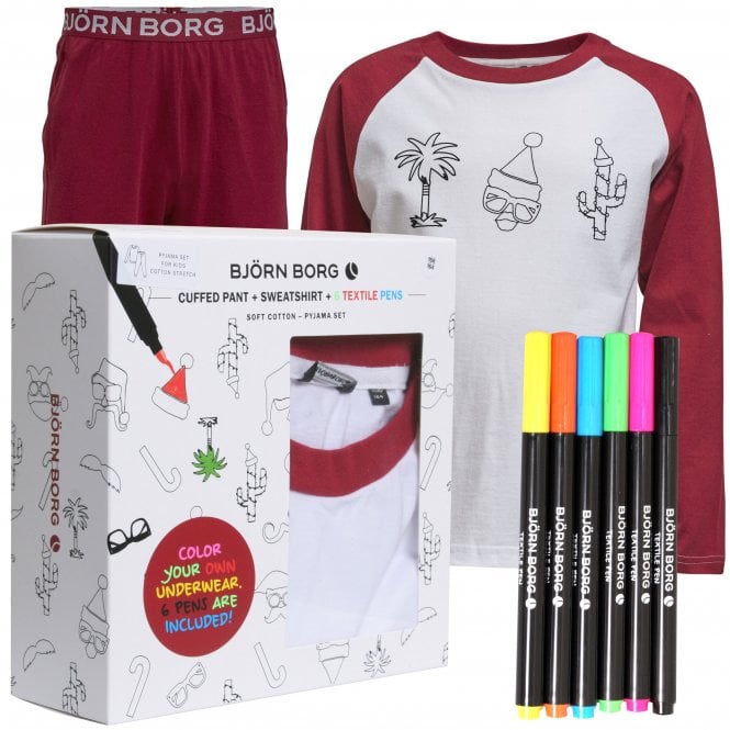 Boys Xmas Print Boys Colouring-in Pyjama Set with Pens, White/Burgundy-Bjorn Borg-UNDERU