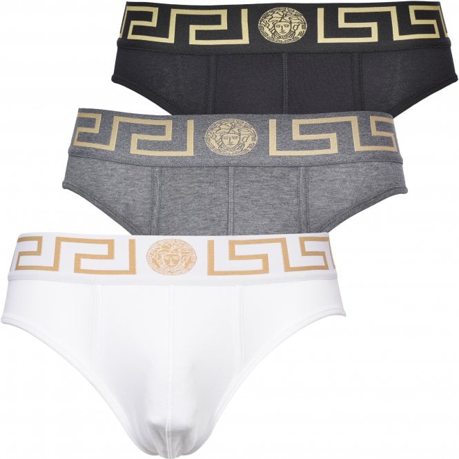 3-Pack Greca Border Briefs, Black/White/Grey-Versace-UNDERU