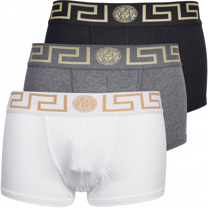 Versace Men's 3-Pack Greca Border Boxer Trunks, Black/White/Grey