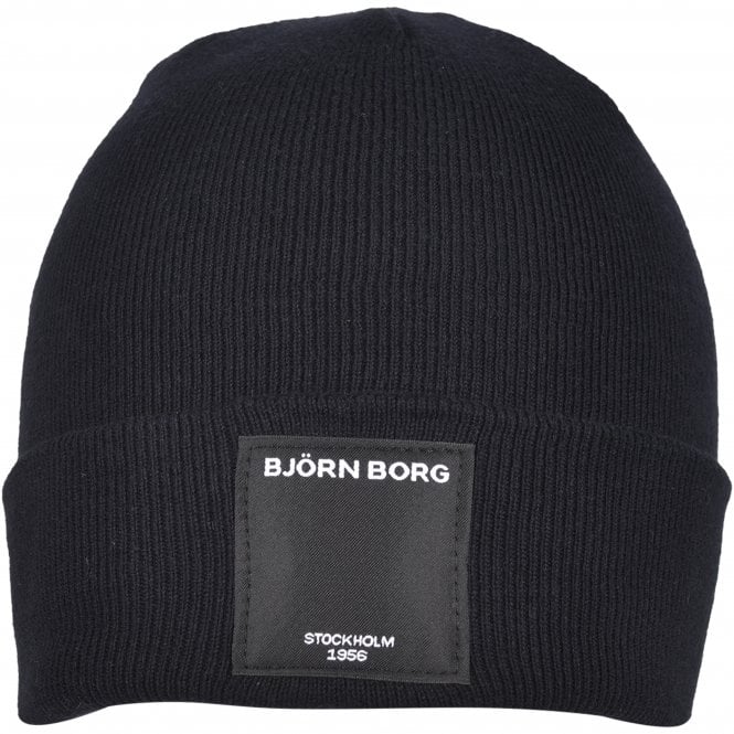 Organic Cotton Logo Patch Beanie Hat, Black-Bjorn Borg-UNDERU