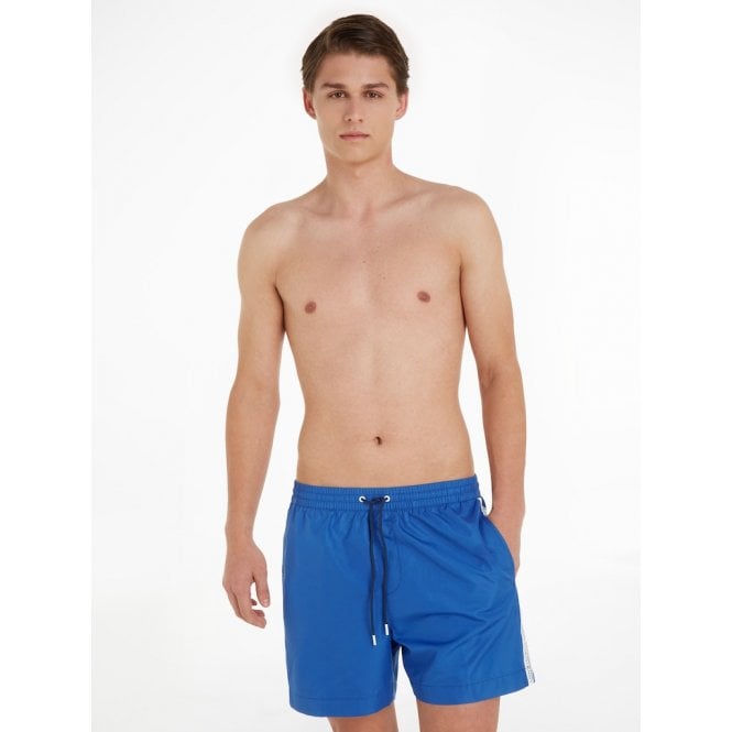 Calvin Klein-Logo Tape Swim Shorts, Mid Azure Blue-UNDERU