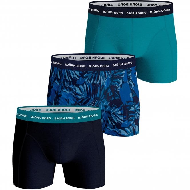 Bjorn Borg-3-Pack Abstract Leaf & Solid Boxer Trunks, Blue Mix-UNDERU