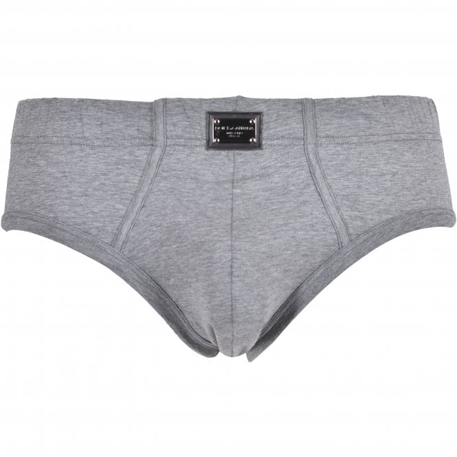 Dolce & Gabbana-Metal Plaque Logo Brando Brief, Grey Melange-UNDERU