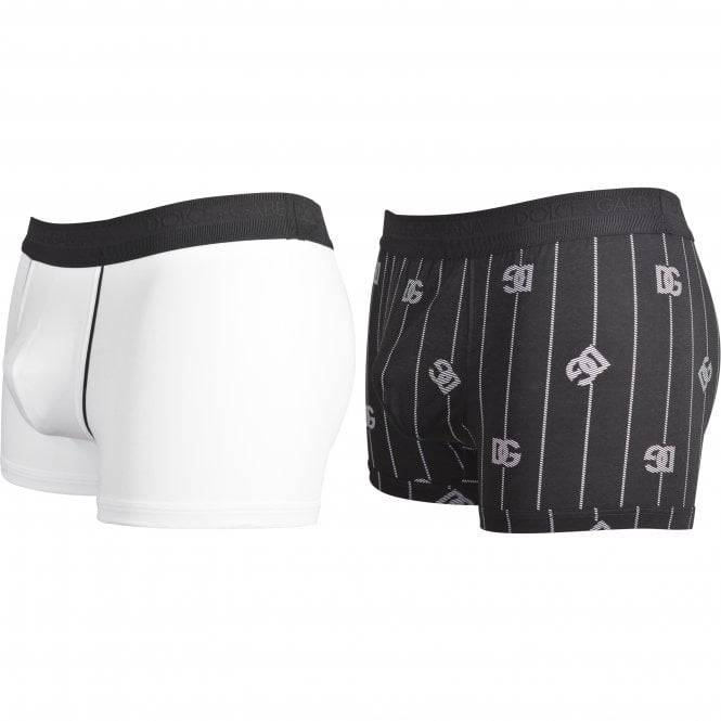 Dolce & Gabbana-2-Pack DG Logo & Stripes Boxer Trunks, Black/White-UNDERU