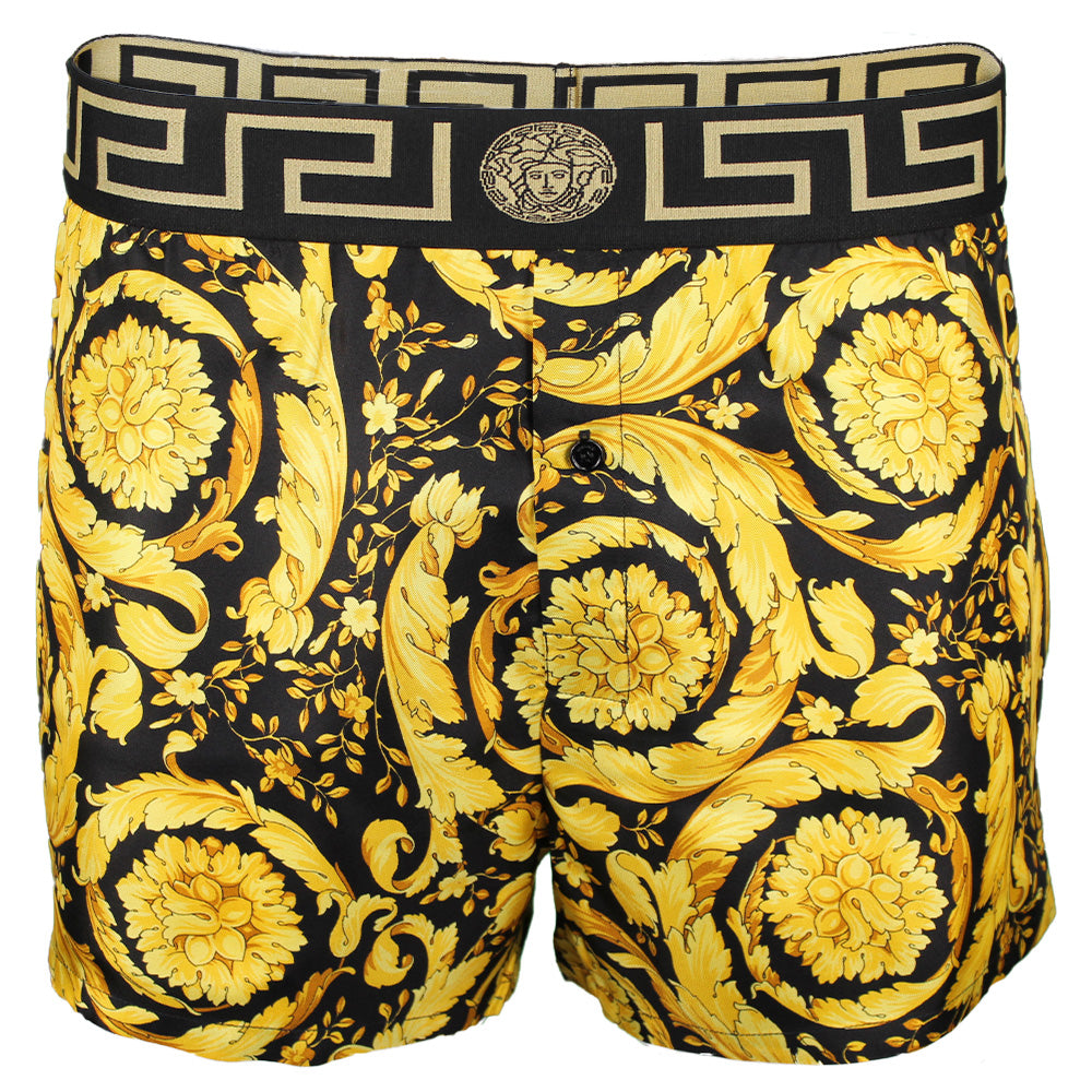 Iconic Barocco Button-Front Silk Boxer Short, Gold/black