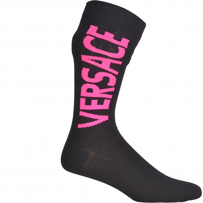 Versace-Script Logo Sports Socks, Black/pink-UNDERU