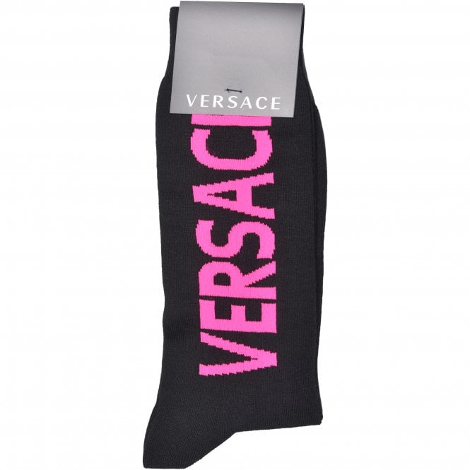 Versace-Script Logo Sports Socks, Black/pink-UNDERU