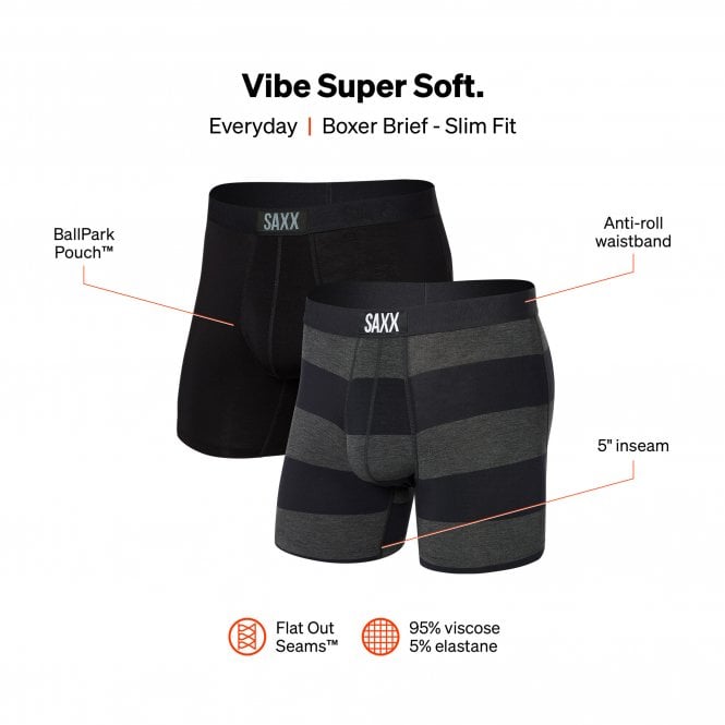 SAXX-2-Pack Vibe Graphite Rugby Boxer Briefs, Grey/Black-UNDERU