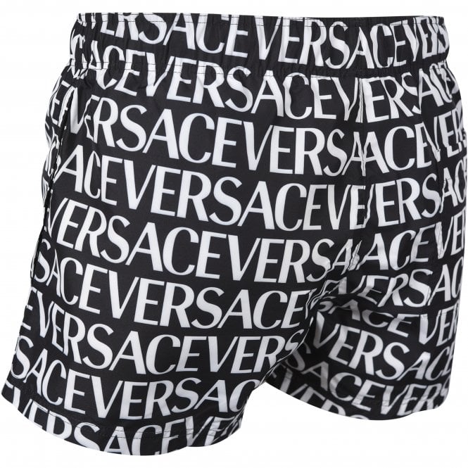 Versace-Repeat Logo Print Luxe Swim Shorts, Black/white-UNDERU