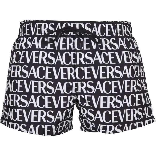 Versace-Repeat Logo Print Luxe Swim Shorts, Black/white-UNDERU