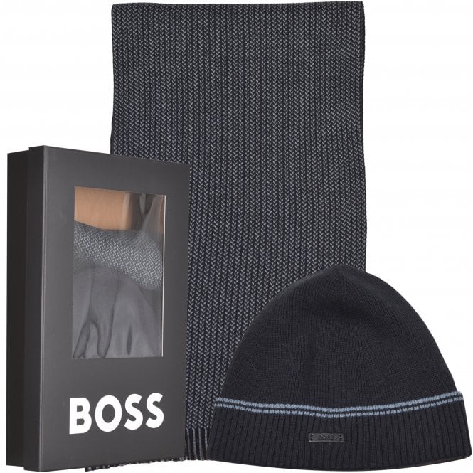 BOSS-Premium Beanie Hat & Scarf Gift Set, Dark Blue-UNDERU