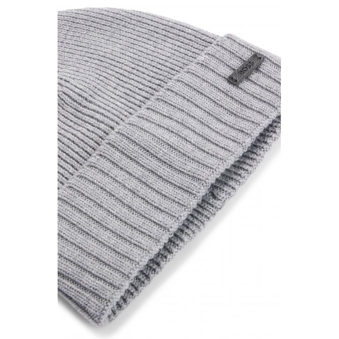 BOSS-Fati-L Ribbed Virgin Wool Beanie Hat, Medium Grey-UNDERU