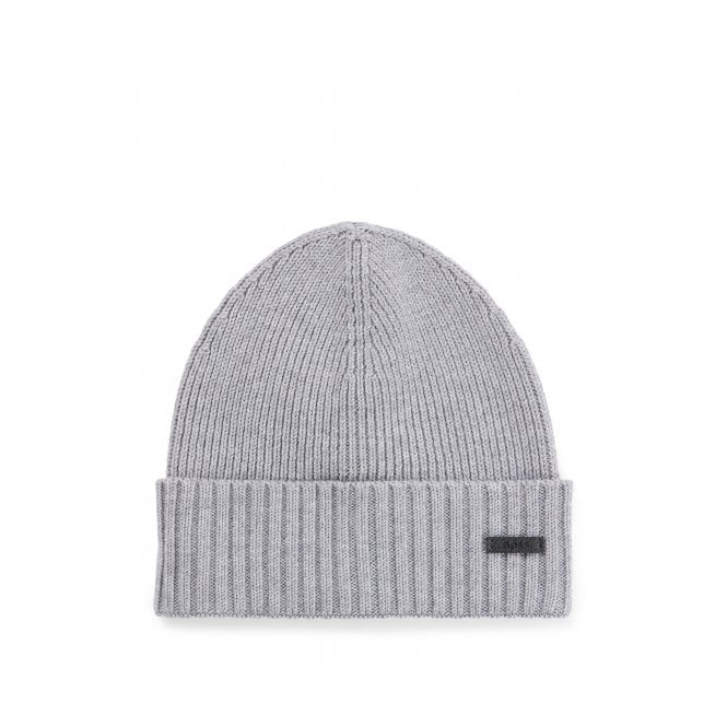 BOSS-Fati-L Ribbed Virgin Wool Beanie Hat, Medium Grey-UNDERU