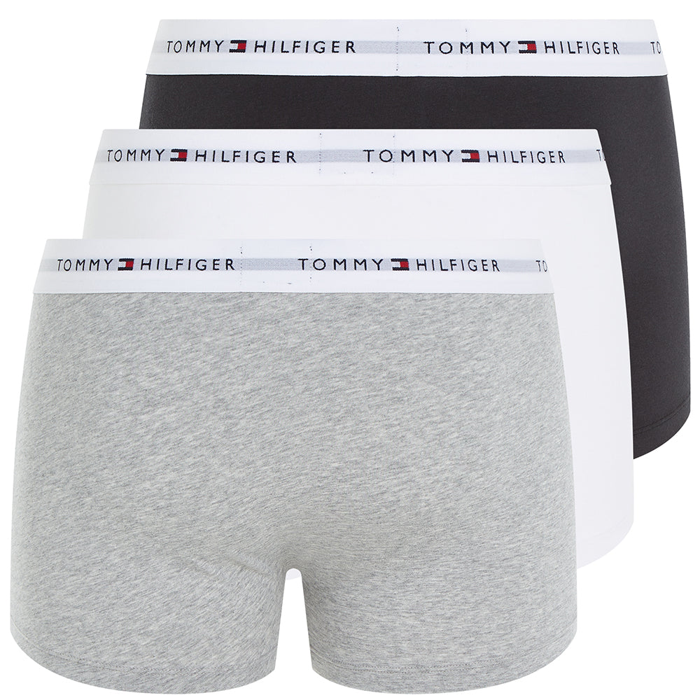 Tommy Hilfiger-3-Pack Signature Cotton Boxer Trunks, Black/Grey/White-UNDERU