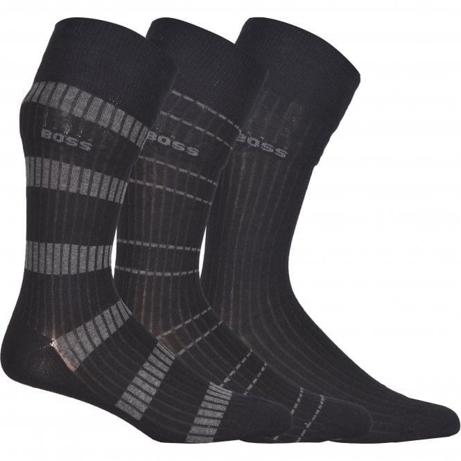 BOSS-3-Pack Combed Cotton Fine Ribbed Business Socks, Black-UNDERU