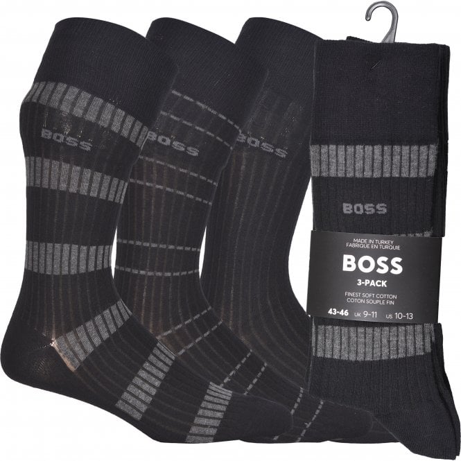 BOSS-3-Pack Combed Cotton Fine Ribbed Business Socks, Black-UNDERU