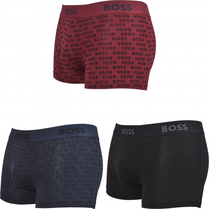 BOSS-3-Pack Logo Print Boxer Trunks Gift Set, Burgundy/Khaki/Navy-UNDERU