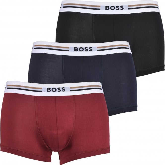 BOSS-3-Pack Revive Logo Luxe Boxer Trunks, Burgundy/Navy/Black-UNDERU