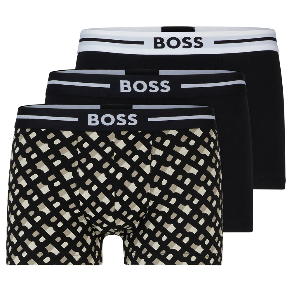 BOSS-3-Pack Bold Logo Print Boxer Trunks, Black-UNDERU