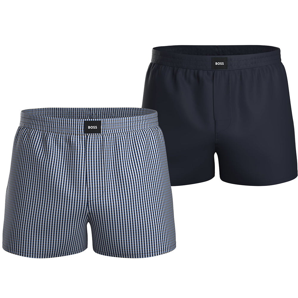 BOSS-2-Pack Stripe & Solid Boxer Shorts, Blue/Navy-UNDERU