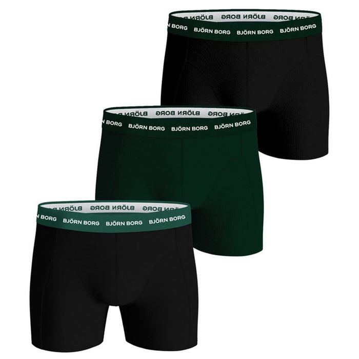 Bjorn Borg-3-Pack Cotton Stretch Boxer Trunks, Black/Green-UNDERU