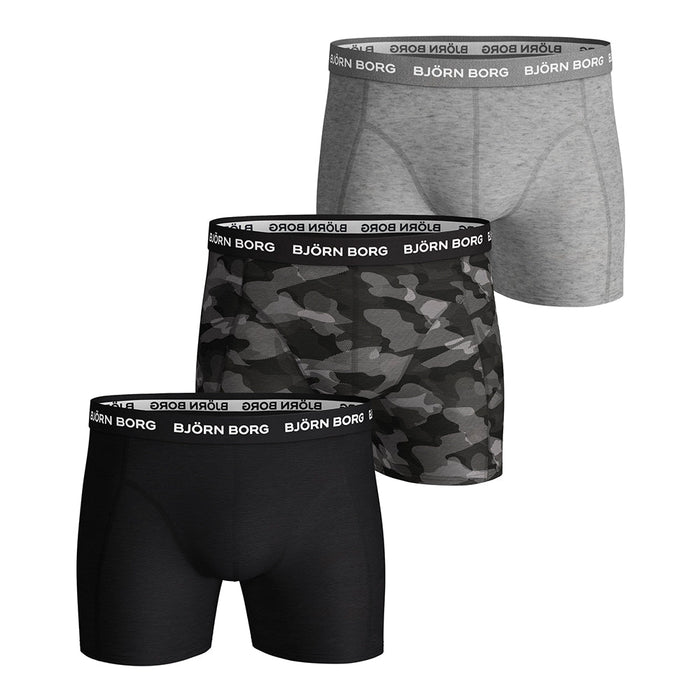 Bjorn Borg-3-Pack Camo & Solid Boxer Trunks, Black/Khaki/Grey-UNDERU