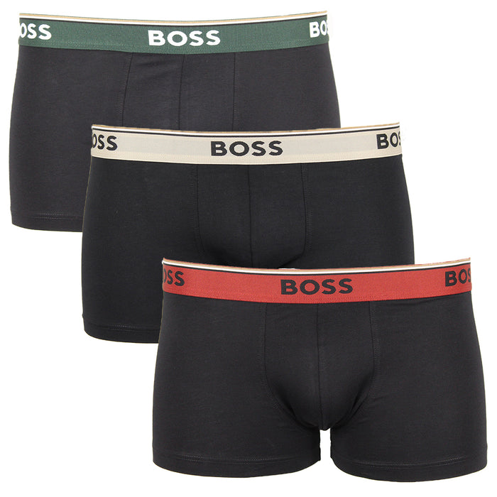 3 pack of Boss black boxer trunks with coloured waistbands