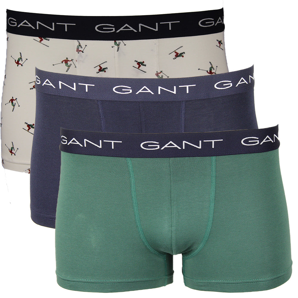 3 pack of Gant boxer trunks, 1 blue, 1 green and 1 skier print