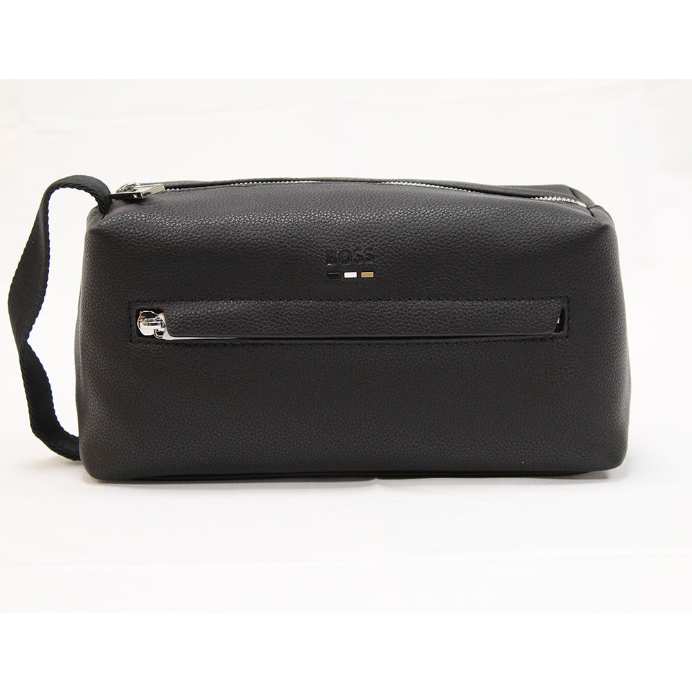 Front view of Boss black faux leather wash bag