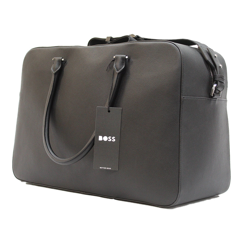 Boss faux leather holdall bag black, back view.