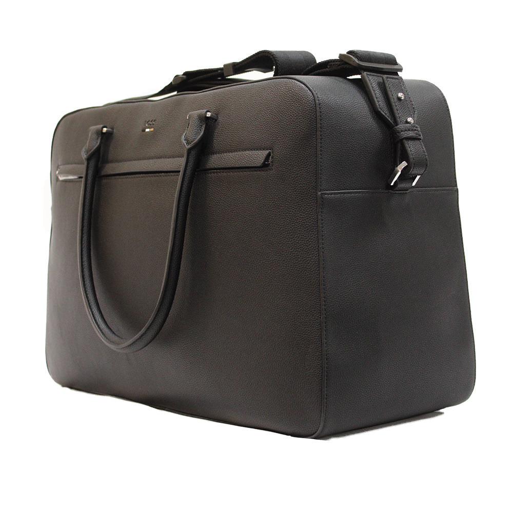 Side view of black faux leather Boss holdall bag