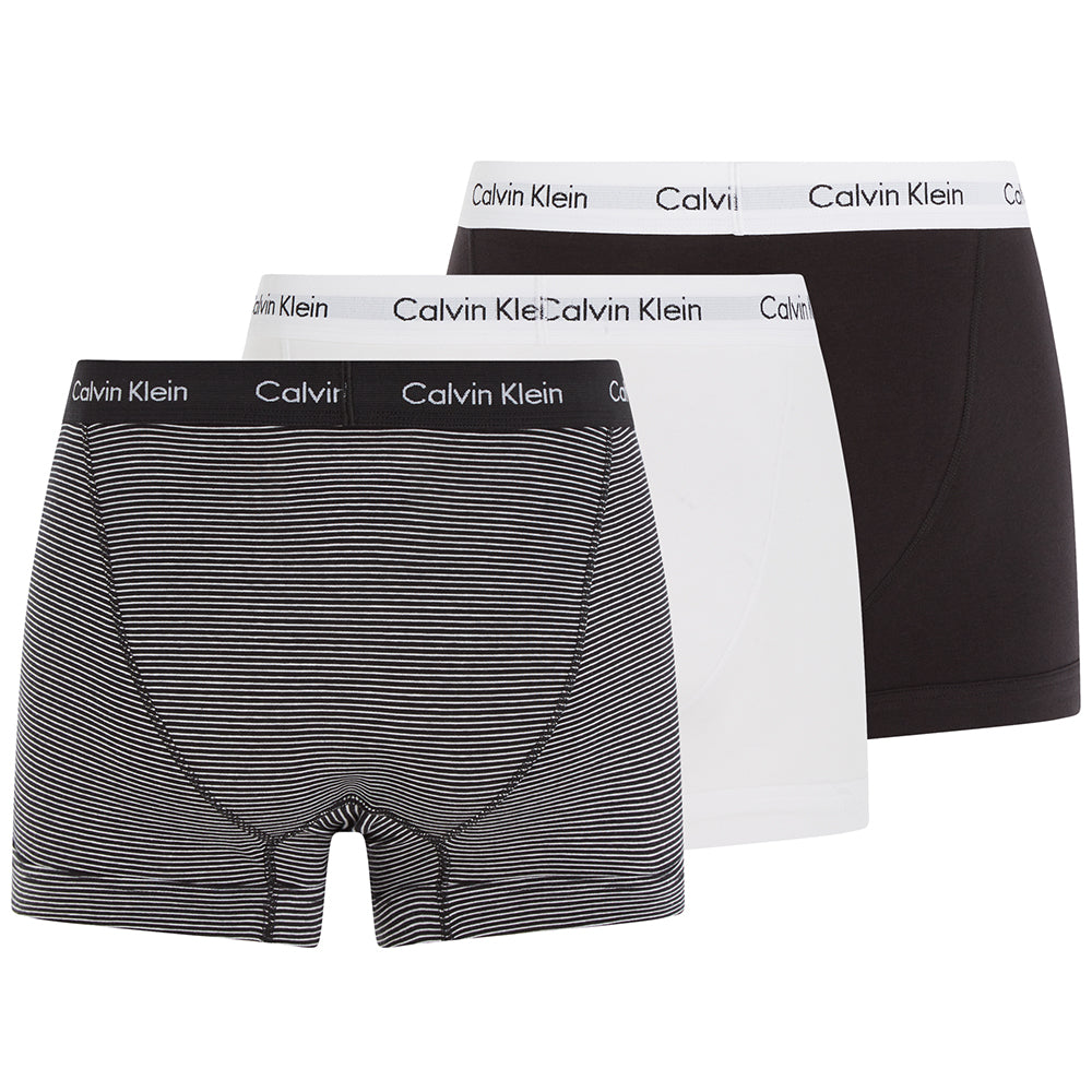 Calvin Klein-Cotton Stretch 3-Pack Stripe & Solid Boxer Trunks, Black/White-UNDERU