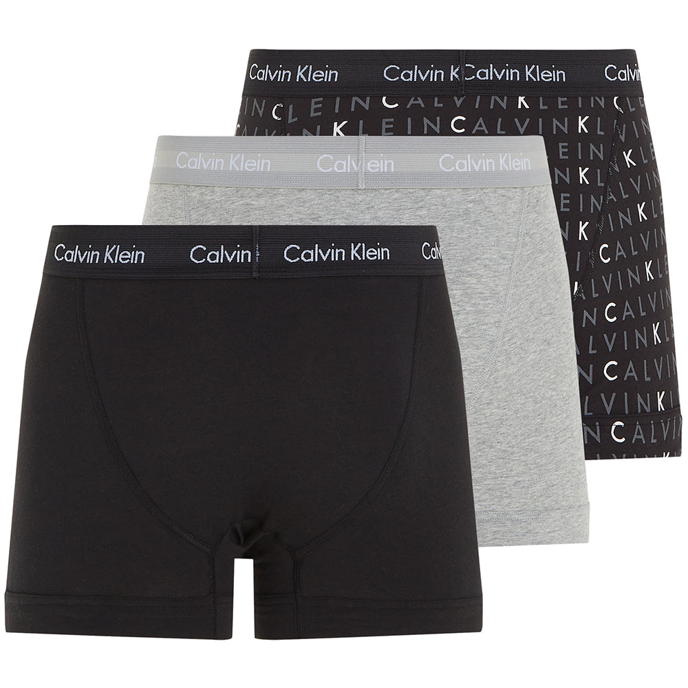 Calvin Klein-3-Pack All-Over Logo Cotton Stretch Boxer Trunks, Black/Grey-UNDERU