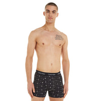 Calvin Klein-3-Pack All-Over Logo Cotton Stretch Boxer Trunks, Black/Grey-UNDERU