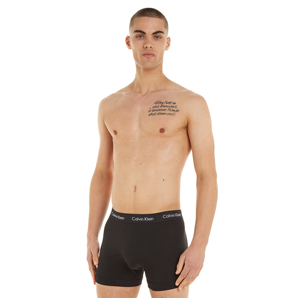 Calvin Klein-3-Pack All-Over Logo Cotton Stretch Boxer Trunks, Black/Grey-UNDERU