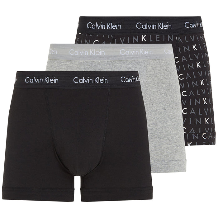 Calvin Klein-3-Pack All-Over Logo Cotton Stretch Boxer Trunks, Black/Grey-UNDERU