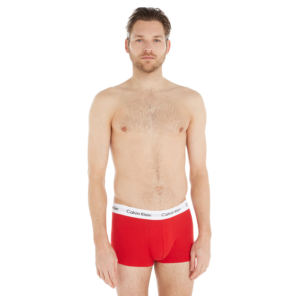 Calvin Klein-3-Pack Low-Rise Cotton Stretch Boxer Trunks, Blue/Red/White-UNDERU