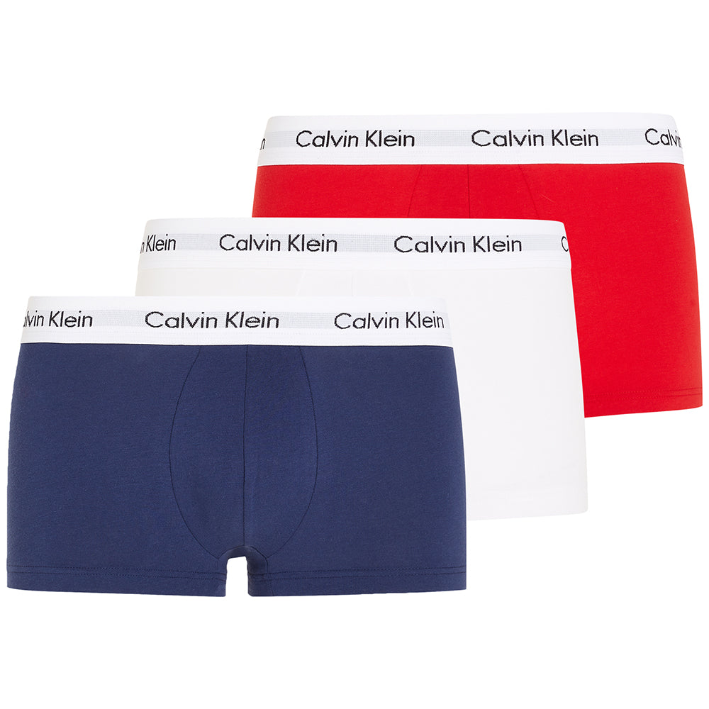 Calvin Klein-3-Pack Low-Rise Cotton Stretch Boxer Trunks, Blue/Red/White-UNDERU