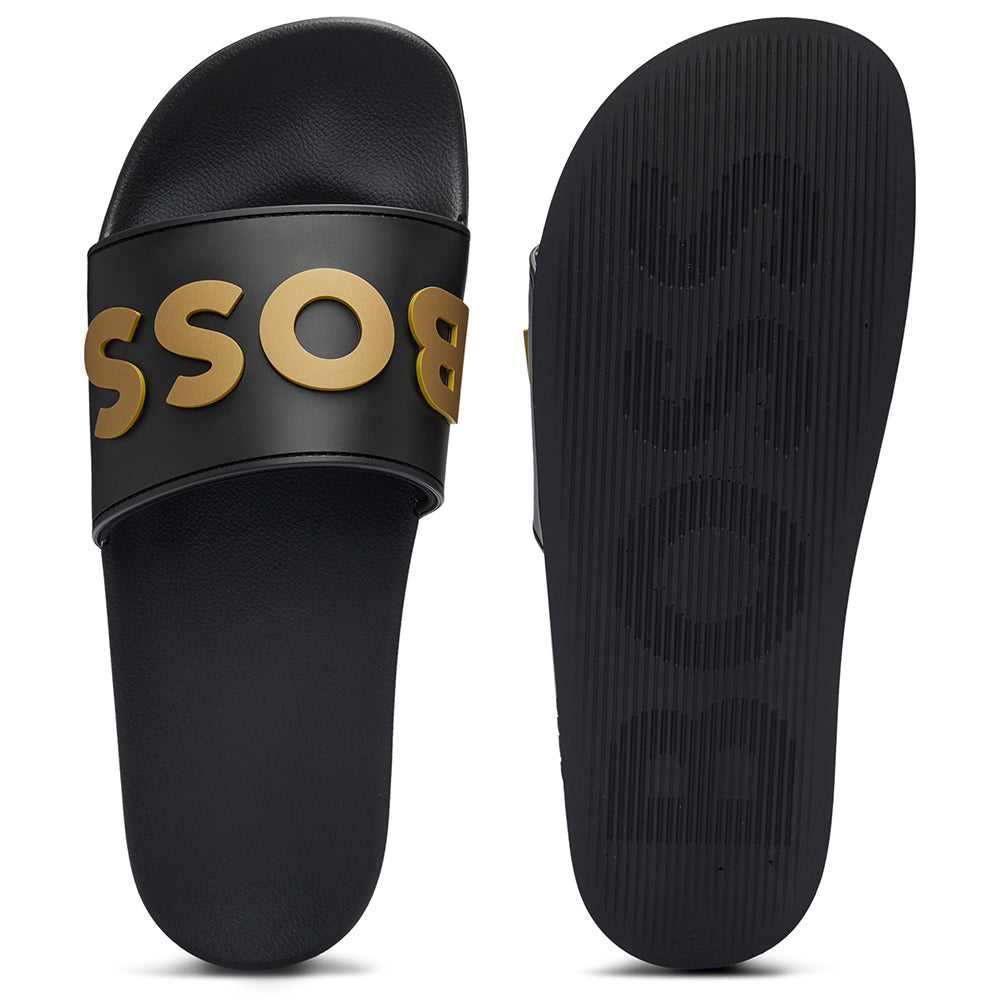 BOSS-Italian-Made Raised Logo Sliders, Black/Gold-UNDERU