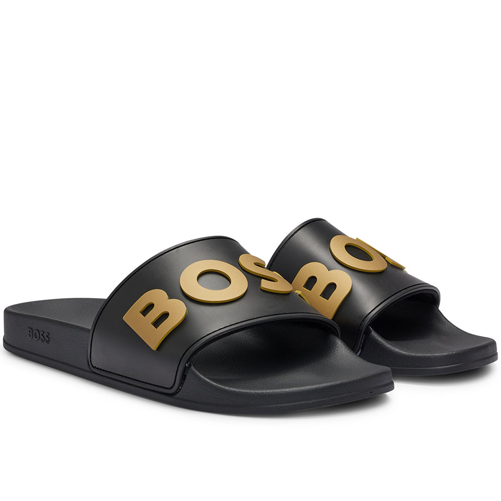 BOSS-Italian-Made Raised Logo Sliders, Black/Gold-UNDERU