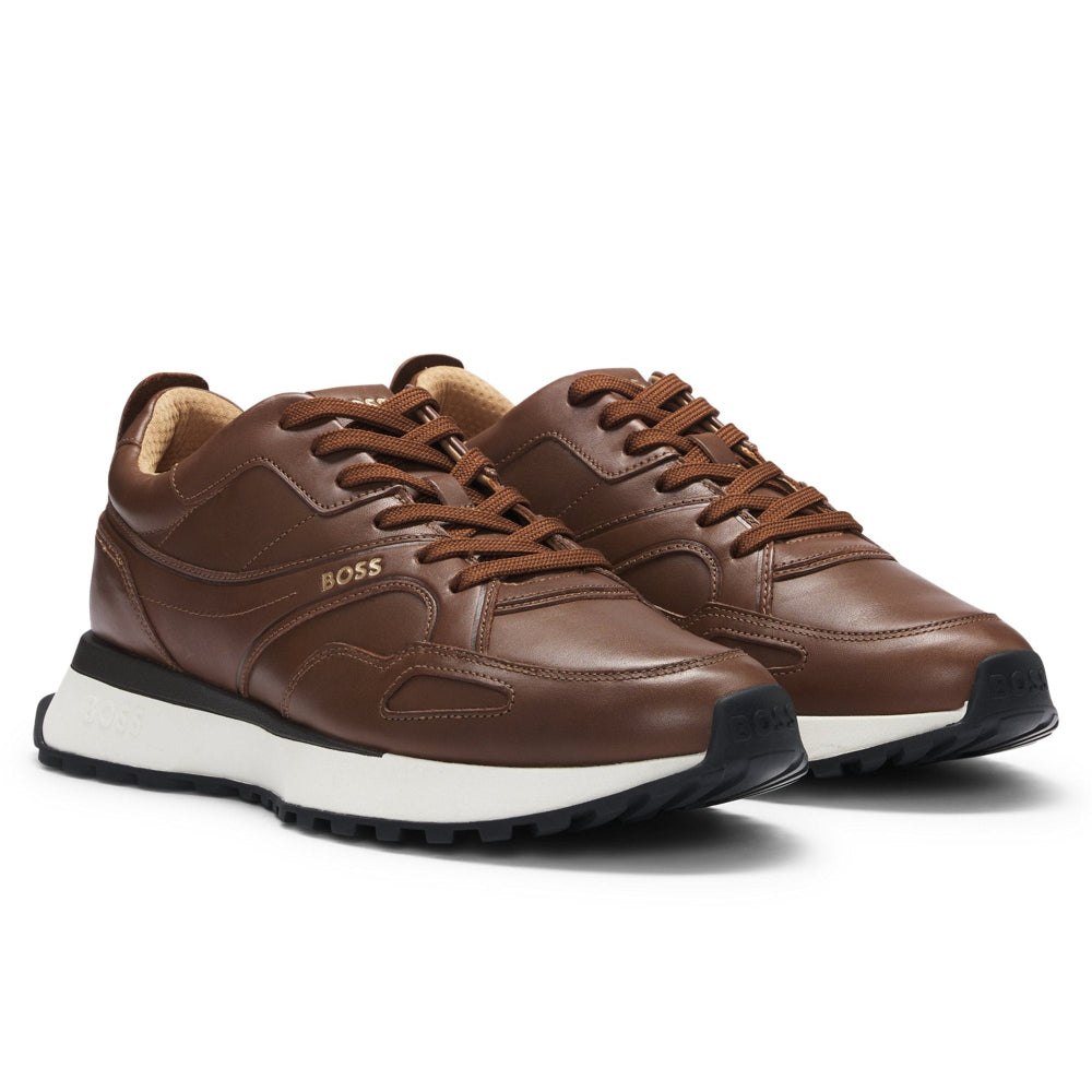 BOSS men's leather trainers in medium brown