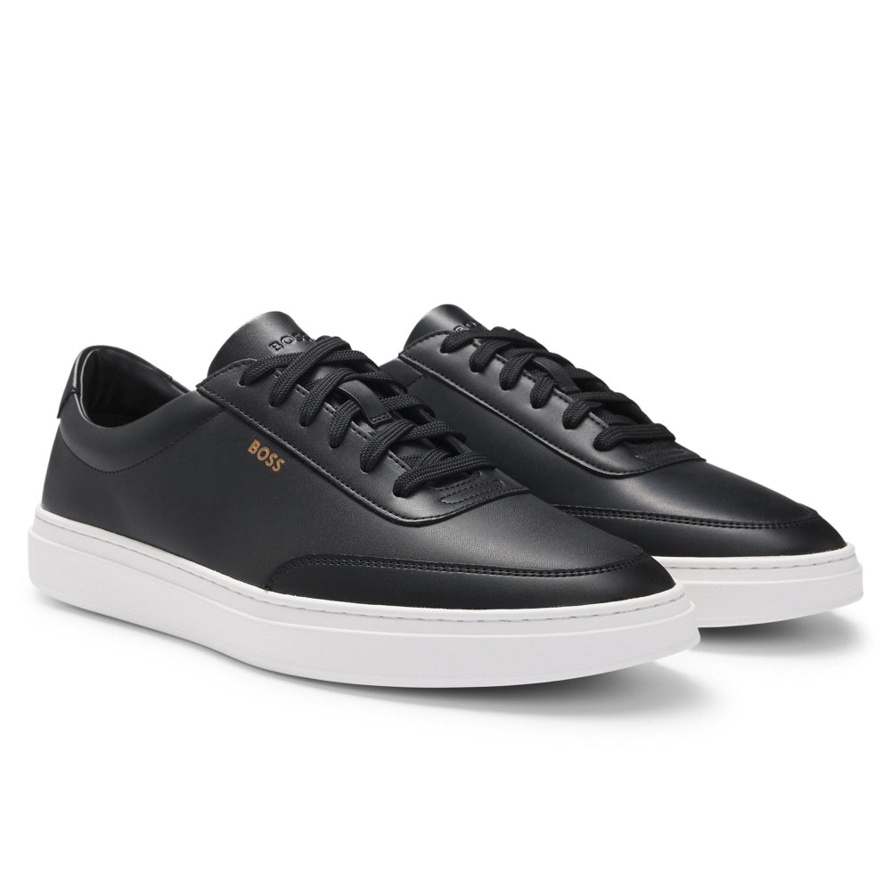 Black leather boss trainers with white soles