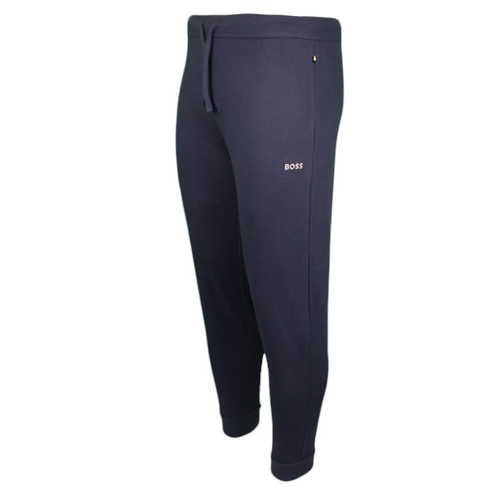 Boss navy blue waffle texture lounge bottoms, side view