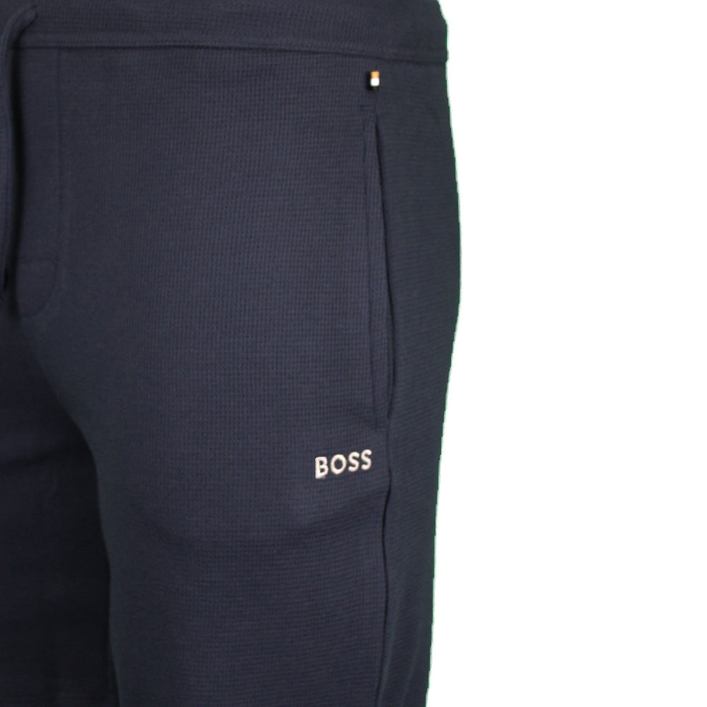 Boss navy blue waffle lounge shorts, side detail