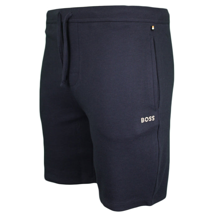 Boss navy blue waffle lounge shorts, side view.