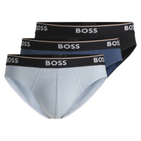 3-pack men's Boss briefs in black and blue with logo waistband