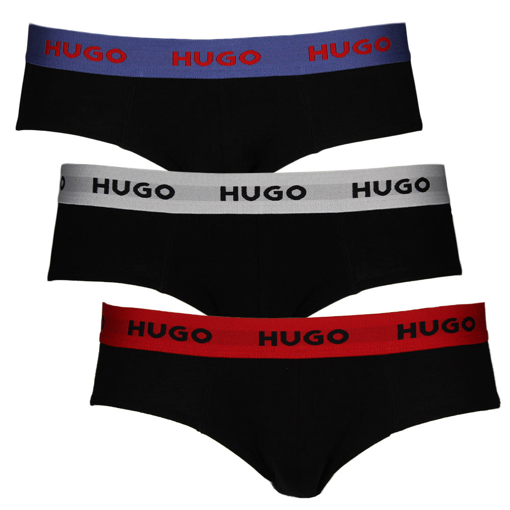 3 pack of Hugo men's briefs, black with coloured waist bands