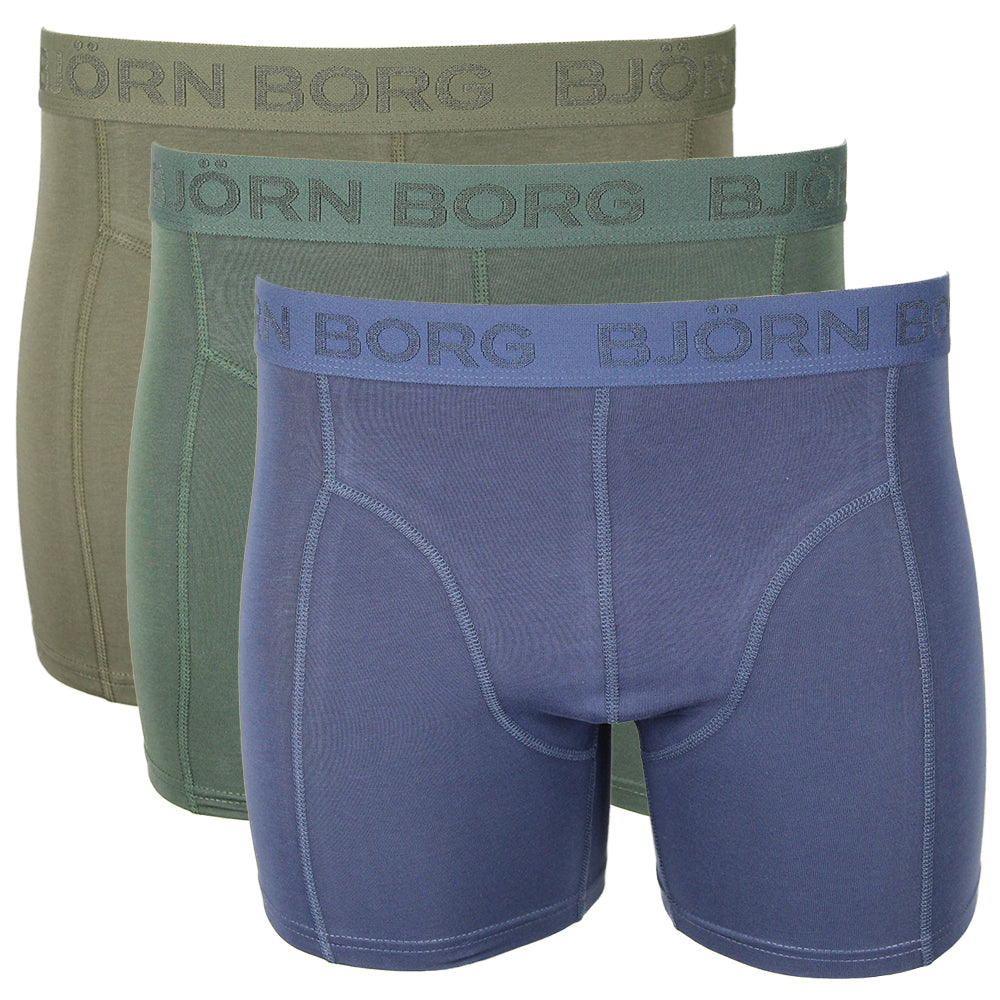 Product id 27114 3 pack of Bjorn Borg boxer trunks, blue, green and khaki.  