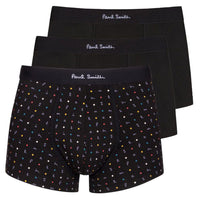 Paul Smith 3 pack of boxer trunks, 1 patterned, 2 plain black with signature logo waistband 